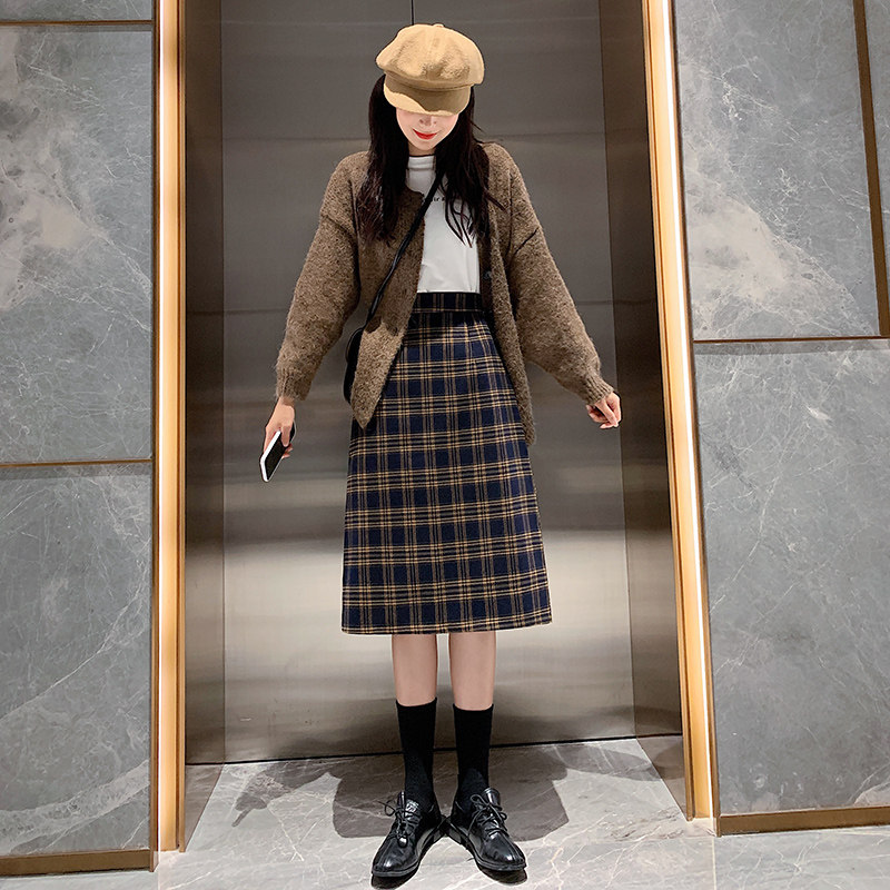 毛呢格子秋冬高腰遮胯直筒裙半身裙 loannina半身裙