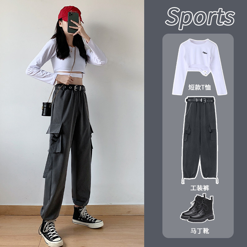 束脚显瘦高腰秋季黑色休闲潮工装裤 loannina休闲裤