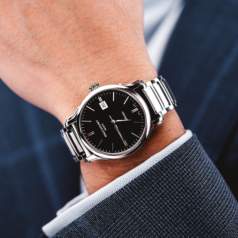 【品牌直营】艾米龙Emile Chouriet传承黑盘钢表带机械手表男