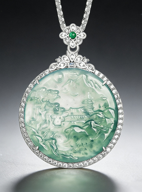 天然a货翡翠蓝水山水牌S925银镶冰种玉石吊坠玉坠男女款项链挂件