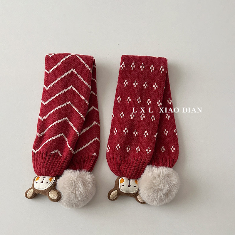 红色喜庆儿童围巾洋气大毛球交叉针织脖套男童女宝宝户外保暖护颈,淘宝优惠券,粉丝福利购,淘宝优惠卷