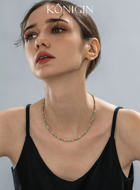 彩色串珠项链女s925纯银锁骨链