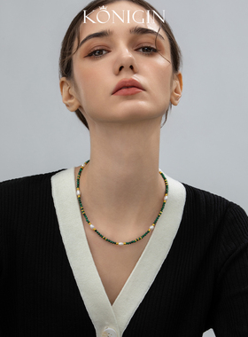 天然孔雀石串珠项链女