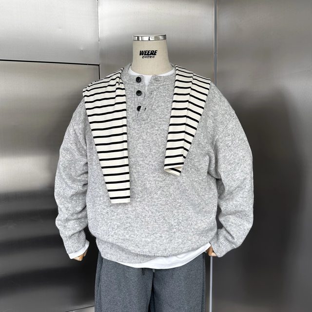 WEERE Henry Collar Sweater Men's Pullover Knitted Sweater