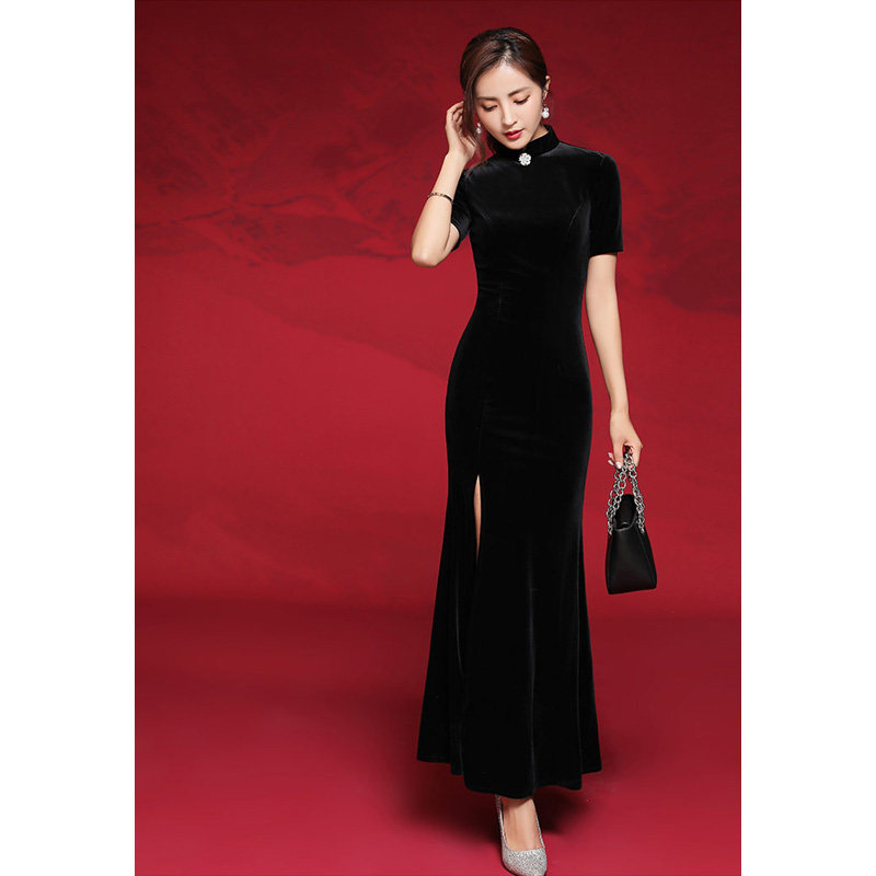 旗袍年轻款黑色丝绒形体服晚礼服 朗格伊娃旗袍