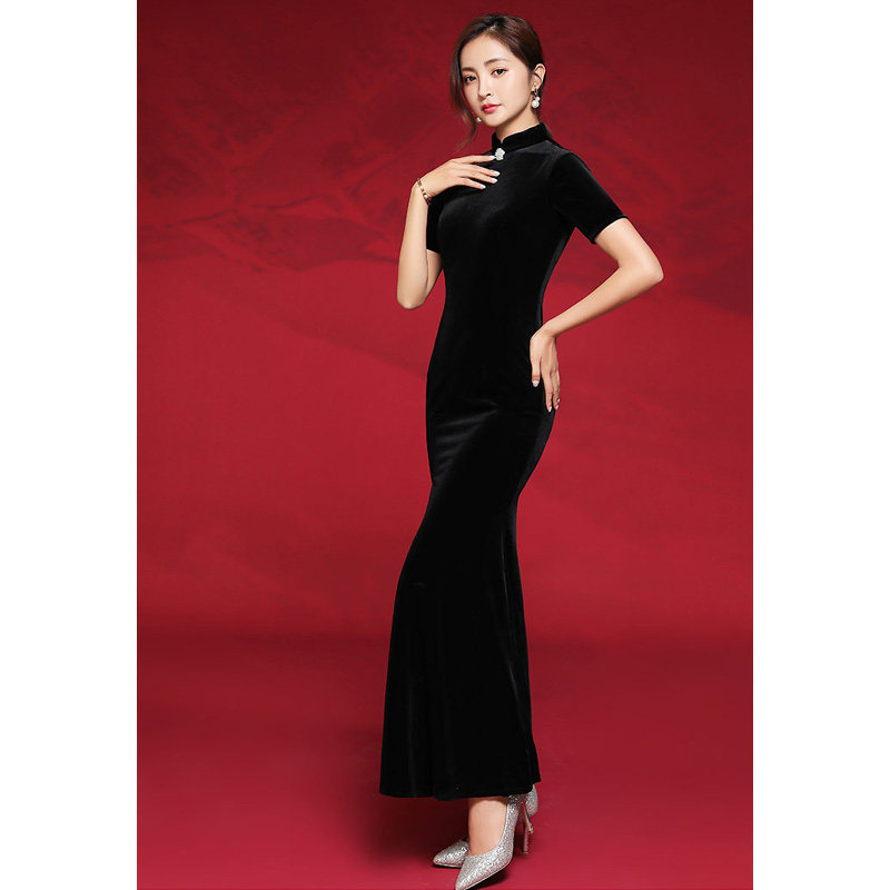 旗袍年轻款黑色丝绒形体服晚礼服 朗格伊娃旗袍
