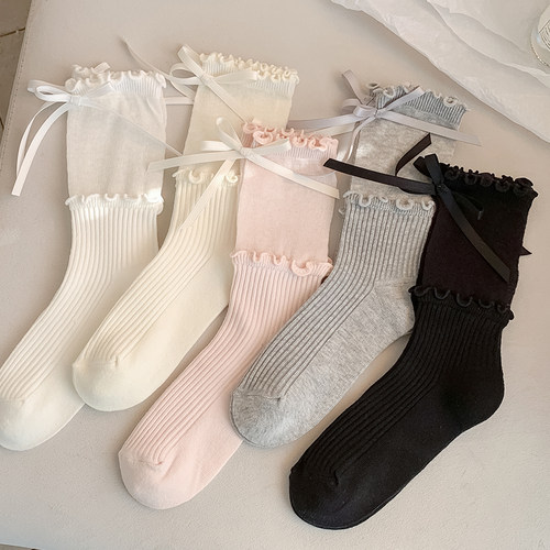 芭蕾风miu系蝴蝶结袜子女夏季薄款白灰韩系花边堆堆袜日系jk中筒 - 图2