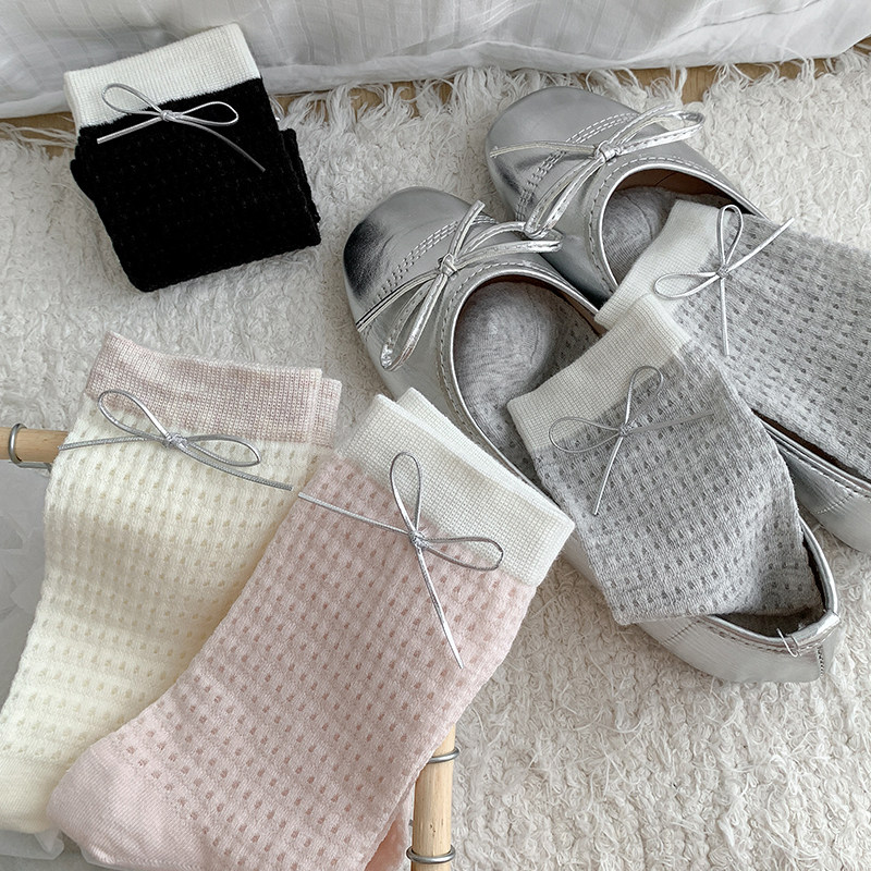 蝴蝶结袜子女中筒袜夏季薄款少女可爱日系jk网眼透气堆堆袜配皮鞋,淘宝优惠券,粉丝福利购,淘宝优惠卷