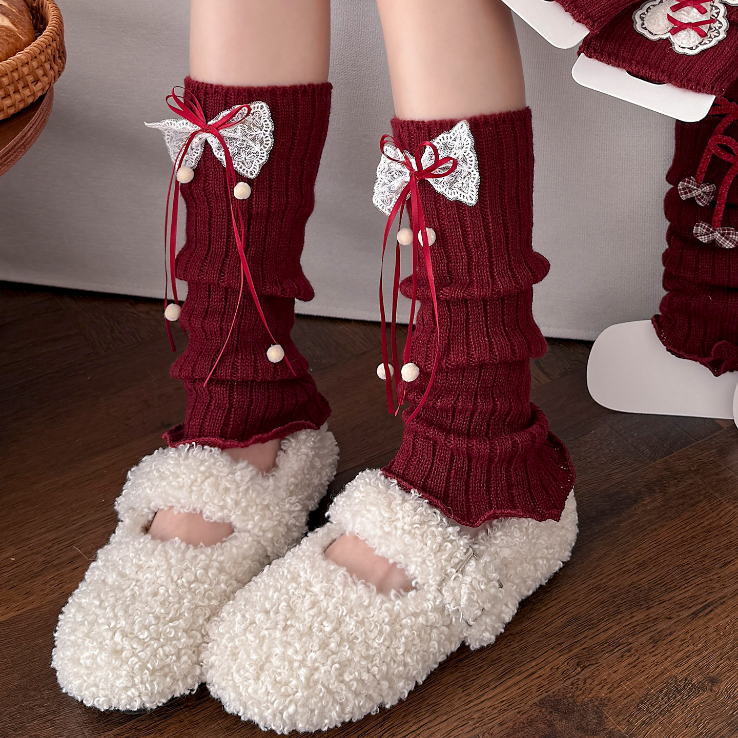新年红色袜套女日系jk少女甜美蝴蝶结腿套秋冬可爱圣诞节堆堆腿套,淘宝优惠券,粉丝福利购,淘宝优惠卷