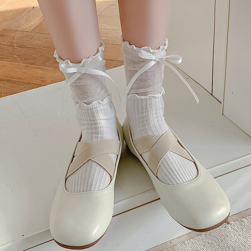 芭蕾风miu系蝴蝶结袜子女夏季薄款白灰韩系花边堆堆袜日系jk中筒 - 图3