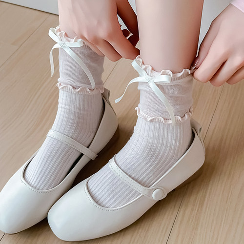 芭蕾风miu系蝴蝶结袜子女夏季薄款白灰韩系花边堆堆袜日系jk中筒 - 图0