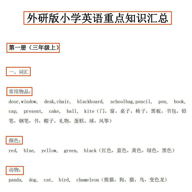 外研版三年级起点英语四五六年级上下册知识点总结英语单词汇总表期末单元测试卷练习题作业本