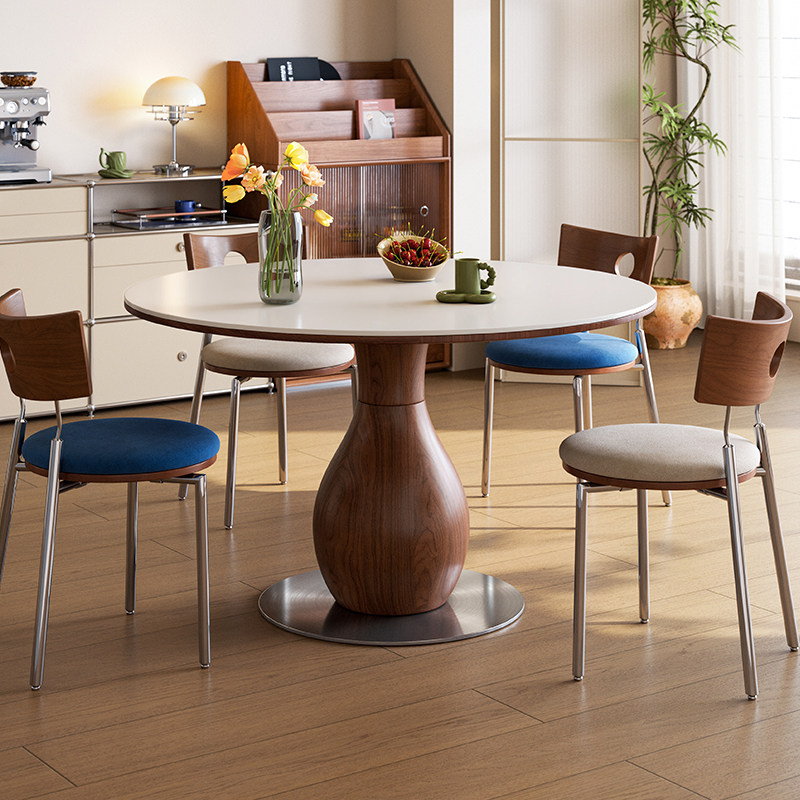 梵创 中古风岩板圆形餐桌轻奢高级感小户型包豪斯全托饭桌椅组合,淘宝优惠券,粉丝福利购,淘宝优惠卷