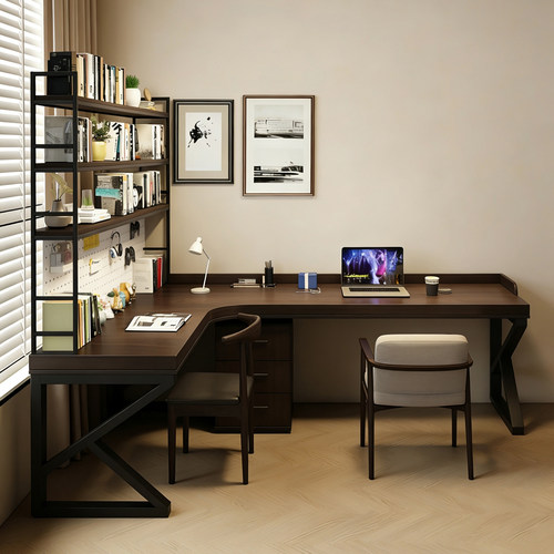 实木转角书桌书柜一体靠墙书架组合办公学习桌L型电脑桌卧室家用 - 图0