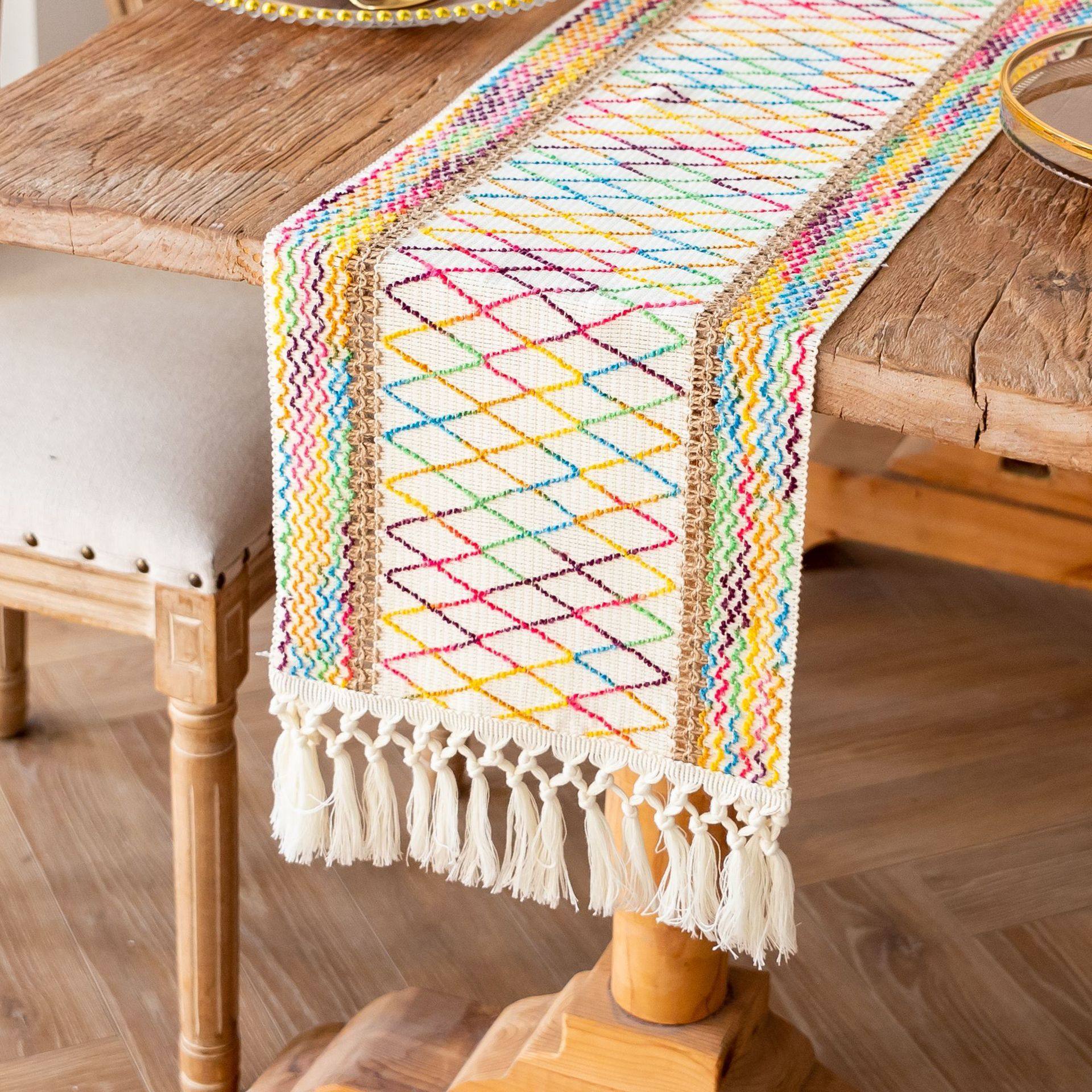 圣诞流苏桌旗跨境棉麻拼色美式聚会装饰长条红色爱心桌布结结流苏,淘宝优惠券,粉丝福利购,淘宝优惠卷