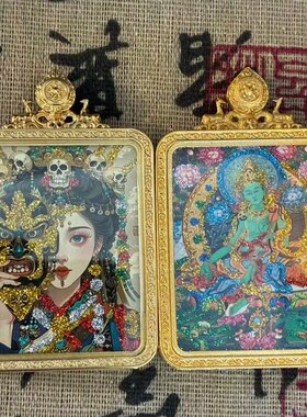 藏式双面手绘扎基拉姆绿度母吊坠手工正品饰品彩色国潮五台山唐卡