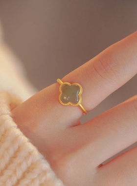 和田玉四叶草戒指女国风开口指环