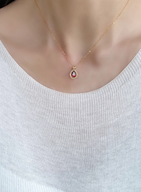 天然石榴石水滴14k包金项链
