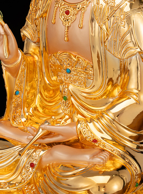 观音菩萨像纯铜中式客厅著金嵌宝