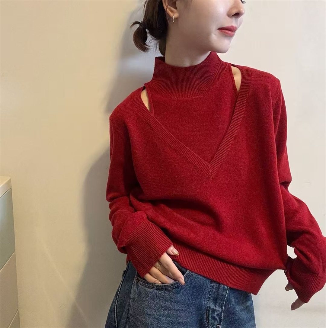 温柔风高级挂脖立领镂空露肩高级打底毛衣女冬季款洋气针织衫上衣-图0