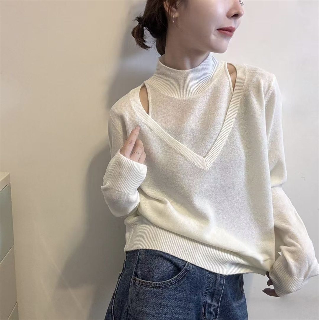 温柔风高级挂脖立领镂空露肩高级打底毛衣女冬季款洋气针织衫上衣-图1