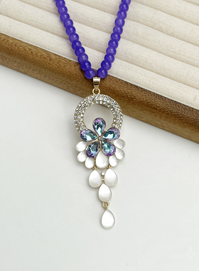 合金紫罗兰花朵猫眼流苏毛衣链气质小众设计女款长款项链首饰品