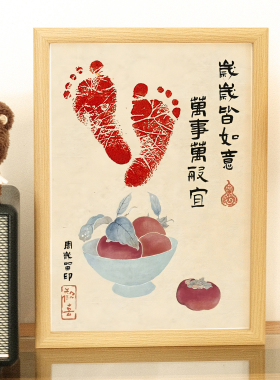 中式宝宝周岁手足印相框婴儿满月百天抓周脚印纪念画摆台月子礼物