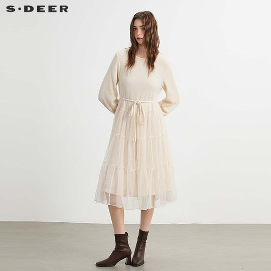 sdeer圣迪奥女装25年新品时尚圆领收腰网纱连衣裙S254Z1201