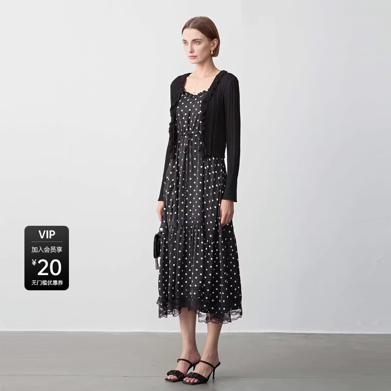 sdeer圣迪奥2025秋装法式木耳边波点针织吊带裙套装S243Z1424 - 图0