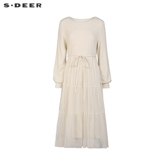 sdeer圣迪奥女装25年新品时尚圆领收腰网纱连衣裙S254Z1201