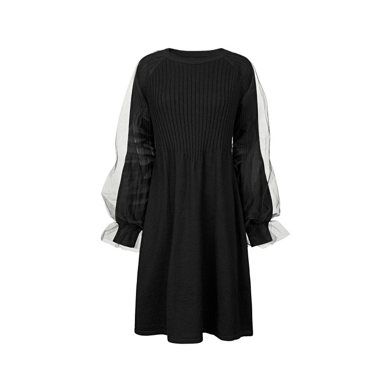 sdeer圣迪奥冬季女装黑色网纱针织长袖收腰显瘦连衣裙S224Z1209,淘宝优惠券,粉丝福利购,淘宝优惠卷