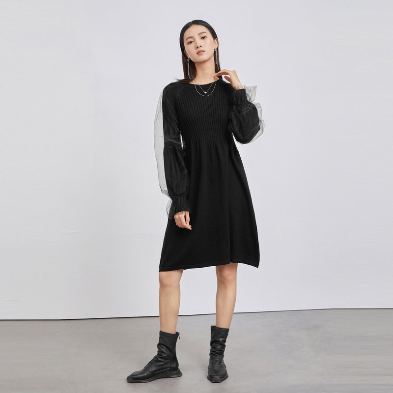 sdeer圣迪奥冬季女装黑色网纱针织长袖收腰显瘦连衣裙S224Z1209,淘宝优惠券,粉丝福利购,淘宝优惠卷