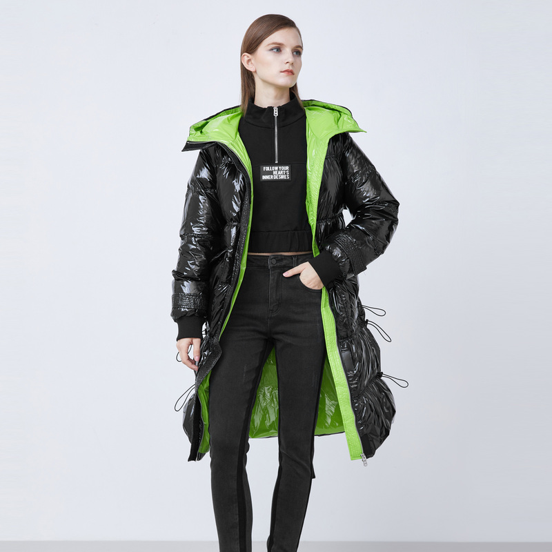 sdeer圣迪奥冬季高领连帽收腰抽绳亮面长款羽绒服女S21482427 - 图2