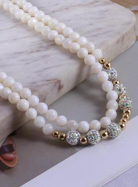 闪耀钻球白色贝珠长款项链