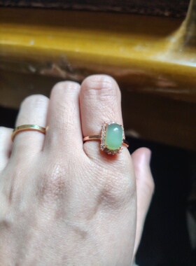 925银镶天然和田玉老料猫眼碧玉戒指送女友生日礼物