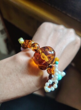 天然花珀手链女琥珀蜜蜡文玩时尚手串精品款送朋友闺蜜生日礼物