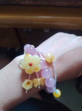 天然蜜蜡手串设计款蜜蜡花花马粉手链送女友生日礼物