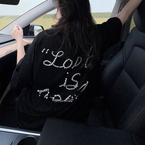 大码胖MM美式复古珍珠字母短袖T恤女夏季2025新款宽松显瘦上衣ins - 图1