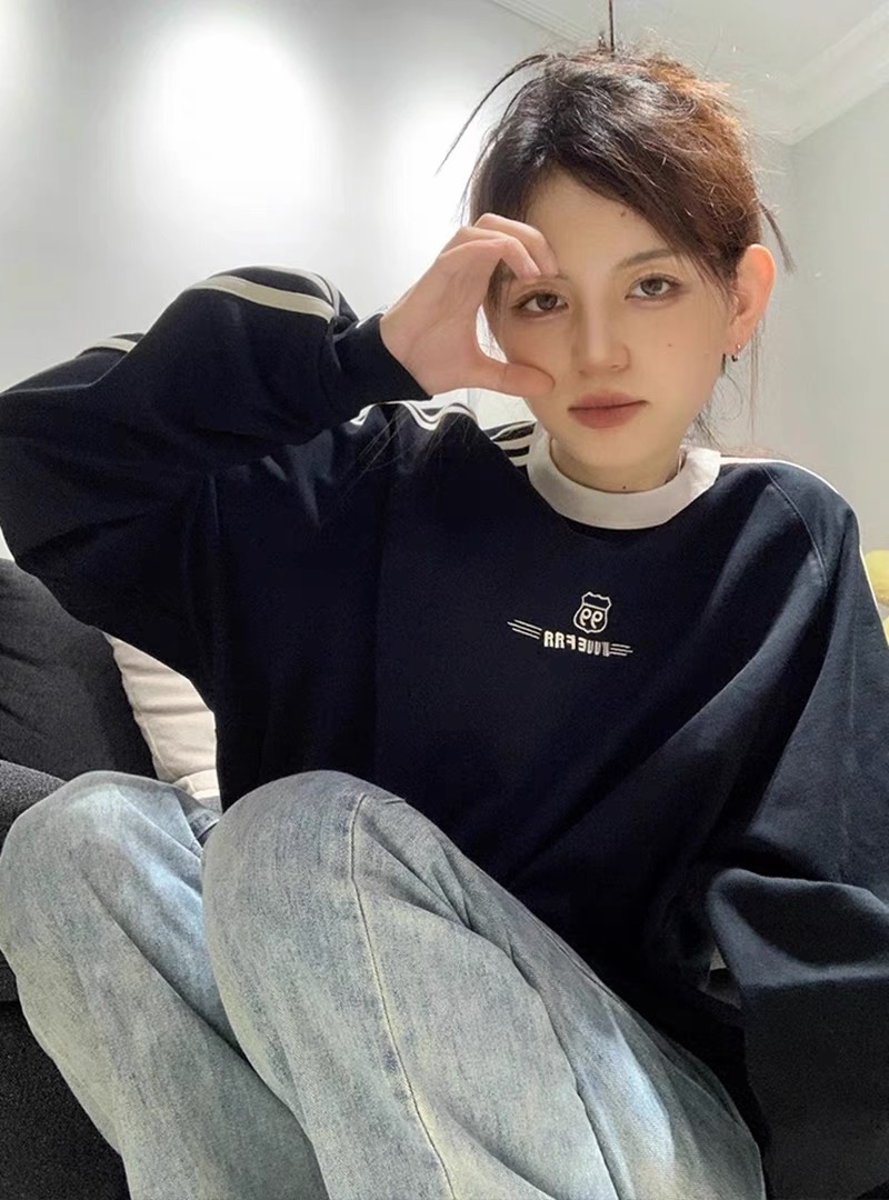 欧美街头潮牌复古三条杠插肩拼接大码圆领卫衣女胖MM秋季薄款情侣 - 图0