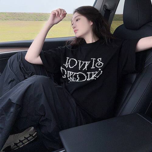 大码胖MM美式复古珍珠字母短袖T恤女夏季2025新款宽松显瘦上衣ins - 图2