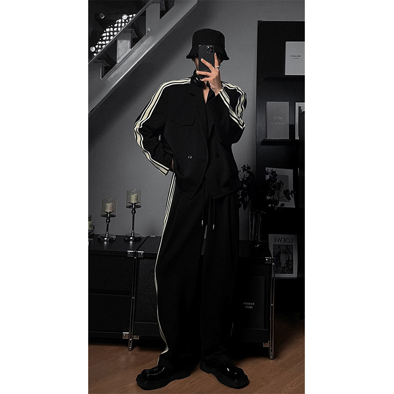 龙叨叨 原创设计撞色织带拼接西装套装 帅气休闲运动西服西裤新款,淘宝优惠券,粉丝福利购,淘宝优惠卷