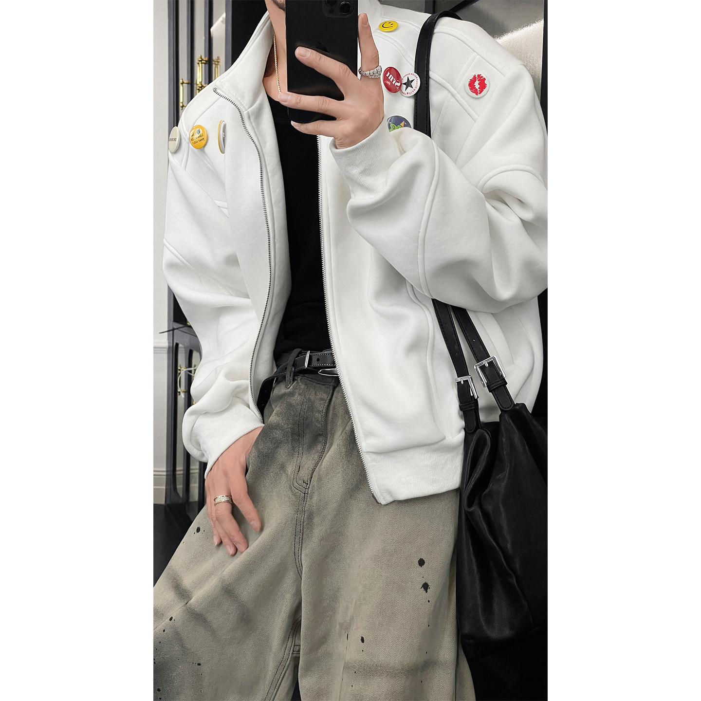 龙叨叨秋季新款潮流美式高级感徽章设计开衫卫衣百搭立领夹克外套 - 图1