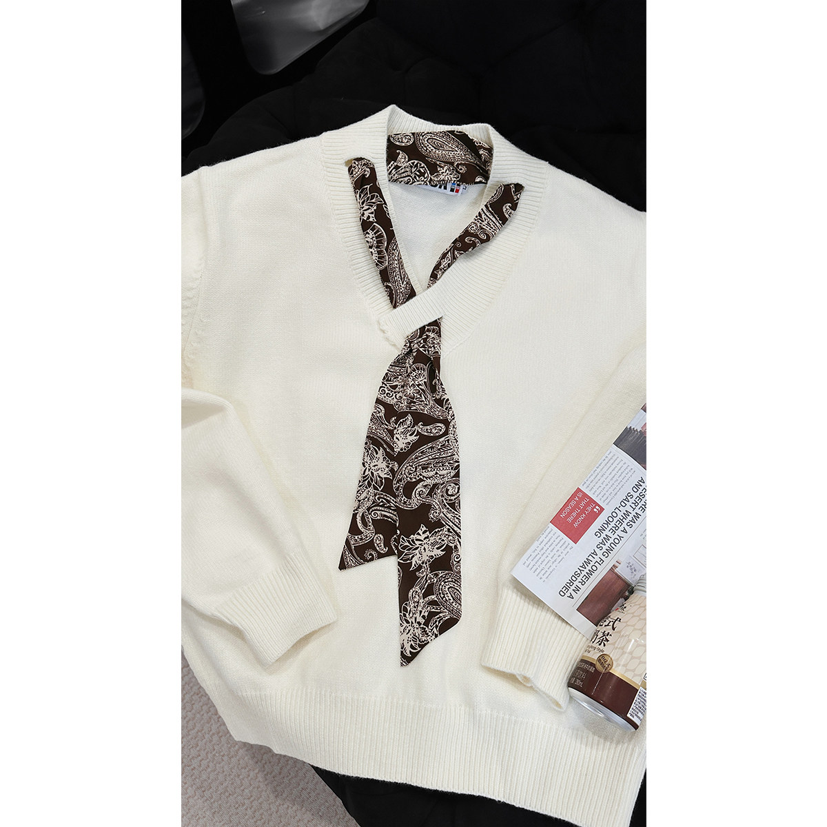 龙叨叨秋季新品复古设计感丝巾系带长袖针织衫男韩系宽松休闲毛衣,淘宝优惠券,粉丝福利购,淘宝优惠卷