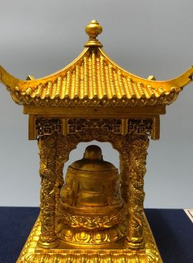 古玩杂项复古铜器收藏铜镀金鎏金弥勒佛亭子佛观音仿古做旧工艺