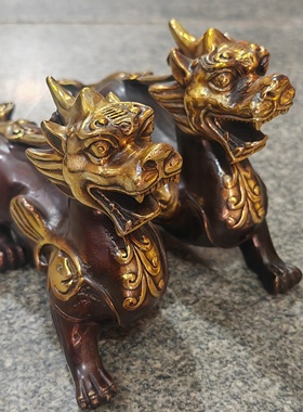 古董文玩纯铜鎏金一对貔貅摆件招财客厅办公室复古摆设老物件