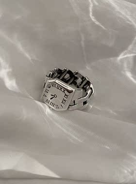 戒指手表S925银罗马数字女复古时尚重工钟表开口指环嘻哈食指戒潮