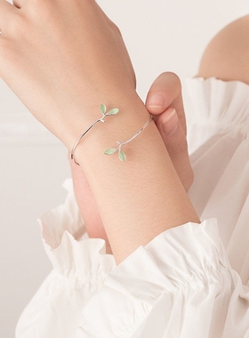 新款韩国简约清新手工树叶子手链绿色猫眼石时尚气质手饰闺蜜礼物