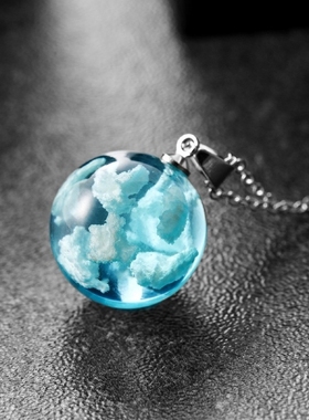 网红创意小清新饰品蓝天白云森系透明球树脂吊坠短款项链