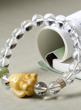 天然白水晶搭配象牙果玉桂狗手链 原创文玩新中式手串 一件代发