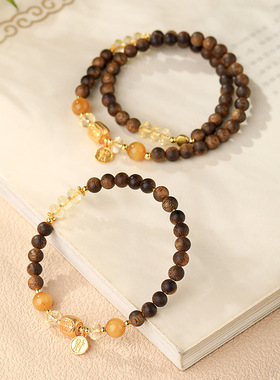 中式文莱沉香水晶手串金虎眼石转运珠福牌手链女生伴手礼多圈手饰